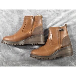 BullBoxer Sz 10 Dorian Ankle Zip Chunky Wedge Leather Boots Brown Cognac